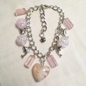 Silver Pink Glass Dolphin Charm Bracelet